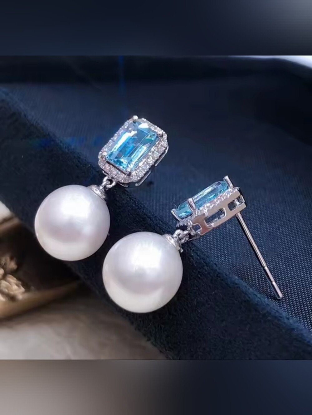 White Rhodium Blue Topaz White Pearl Drop Earrings - Picture 2 of 3